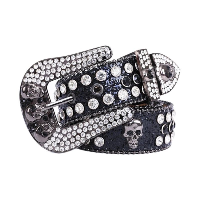 image of Black Color Pu-Leather Strap Rhinestone Buckle Belts, Men's