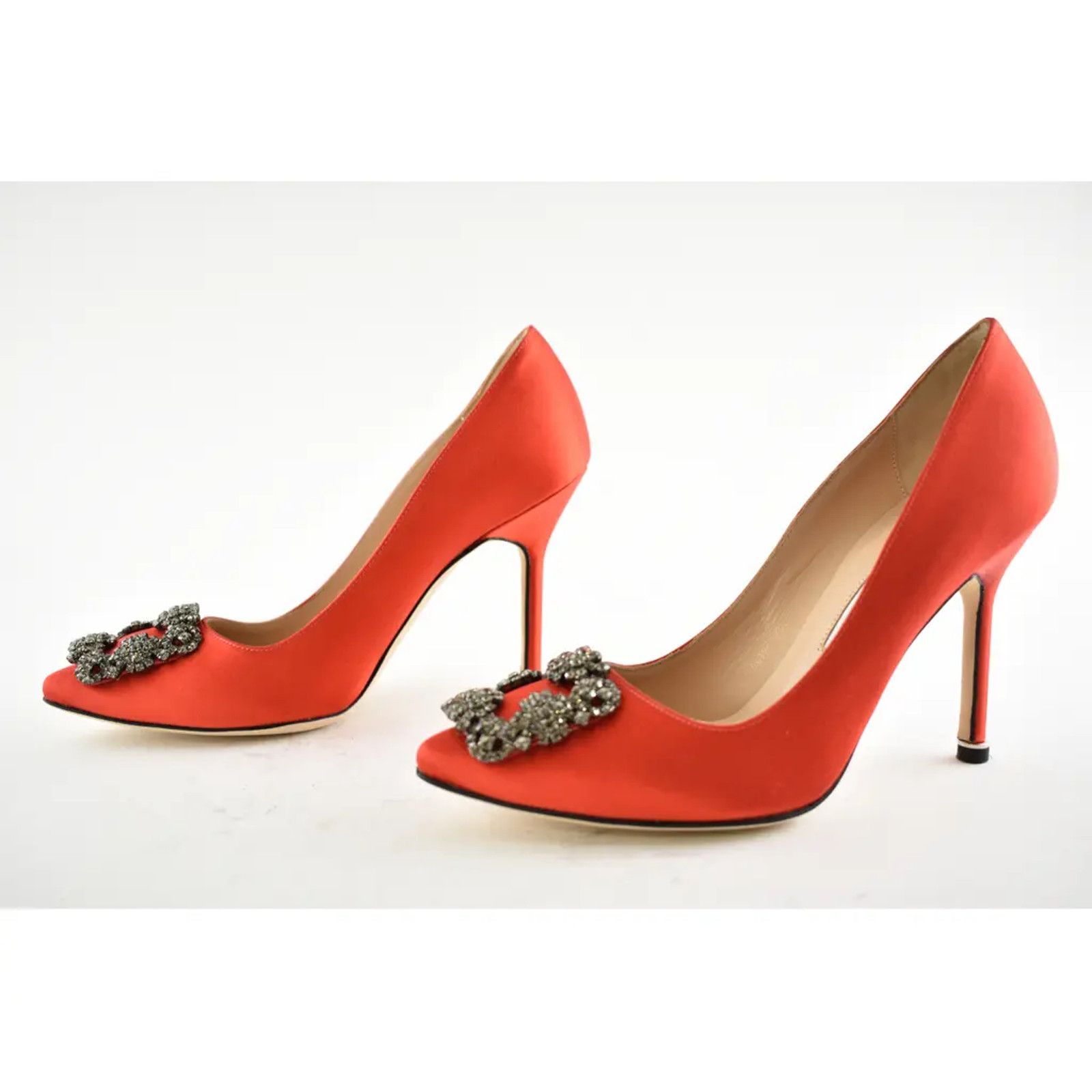 Manolo Blahnik Hangisi 105 Rosso Satin Crystal Jewel Buckle Heel Pump 36.5 Size US 6.5 / IT 36.5 - 10 Thumbnail