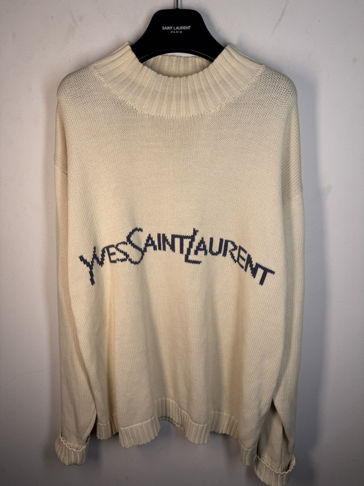 Yves Saint Laurent Cream YSL Sweater Knit Big Logo Turtleneck y2k Sweatshirt Size US L / EU 52-54 / 3 - 18 Thumbnail