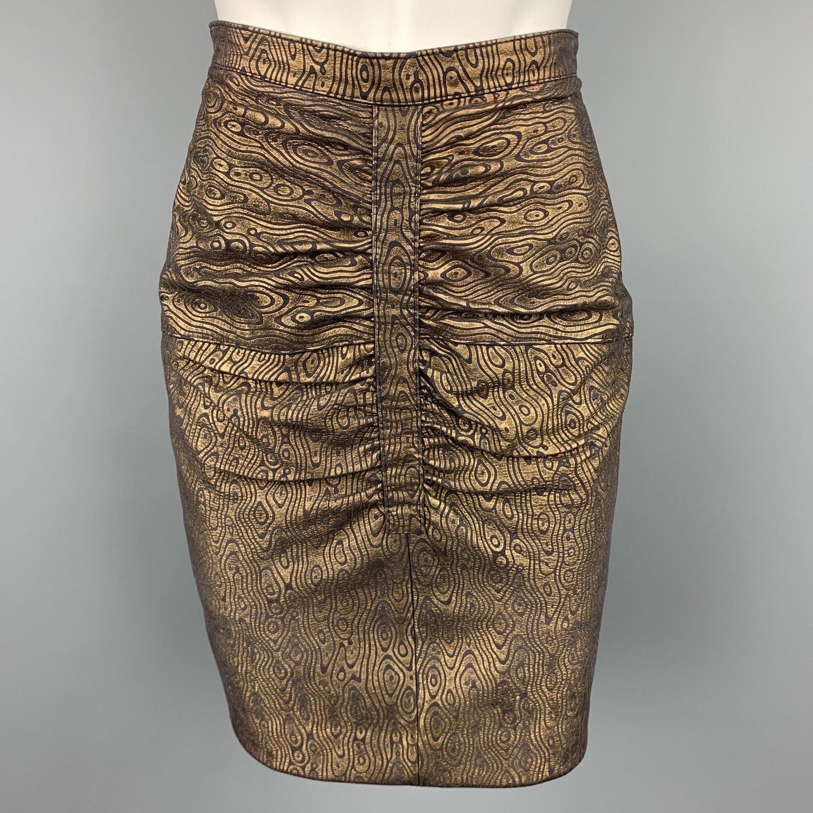 Harrods Size 8 Black & Gold Abstract Leather Ruched Skirt, Women's (Size 30)