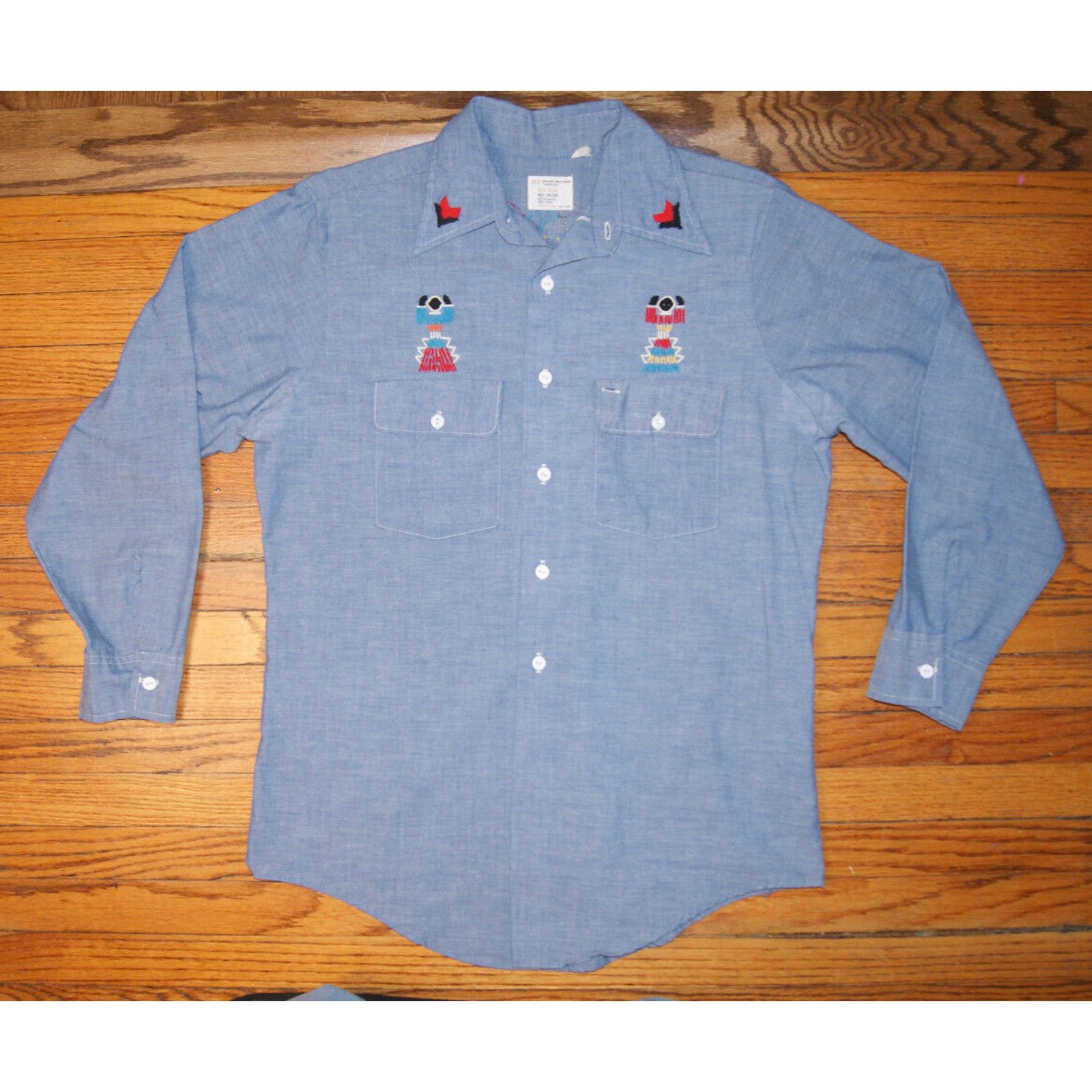 Big Mac Vtg 70s Big Mac Blue Denim M Shirt Aztec Indian Embroider Size US M / EU 48-50 / 2 - 4 Thumbnail