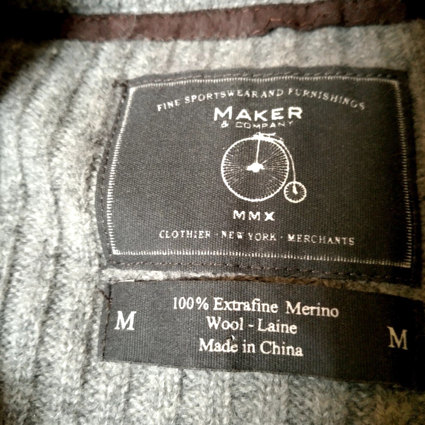 Vintage Maker & Co. Cardigan Sweater M Gray Merino Wool Quilted Ribbed Full Zip Mens Slim Adult Medium Dining? Size US M / EU 48-50 / 2 - 5 Thumbnail