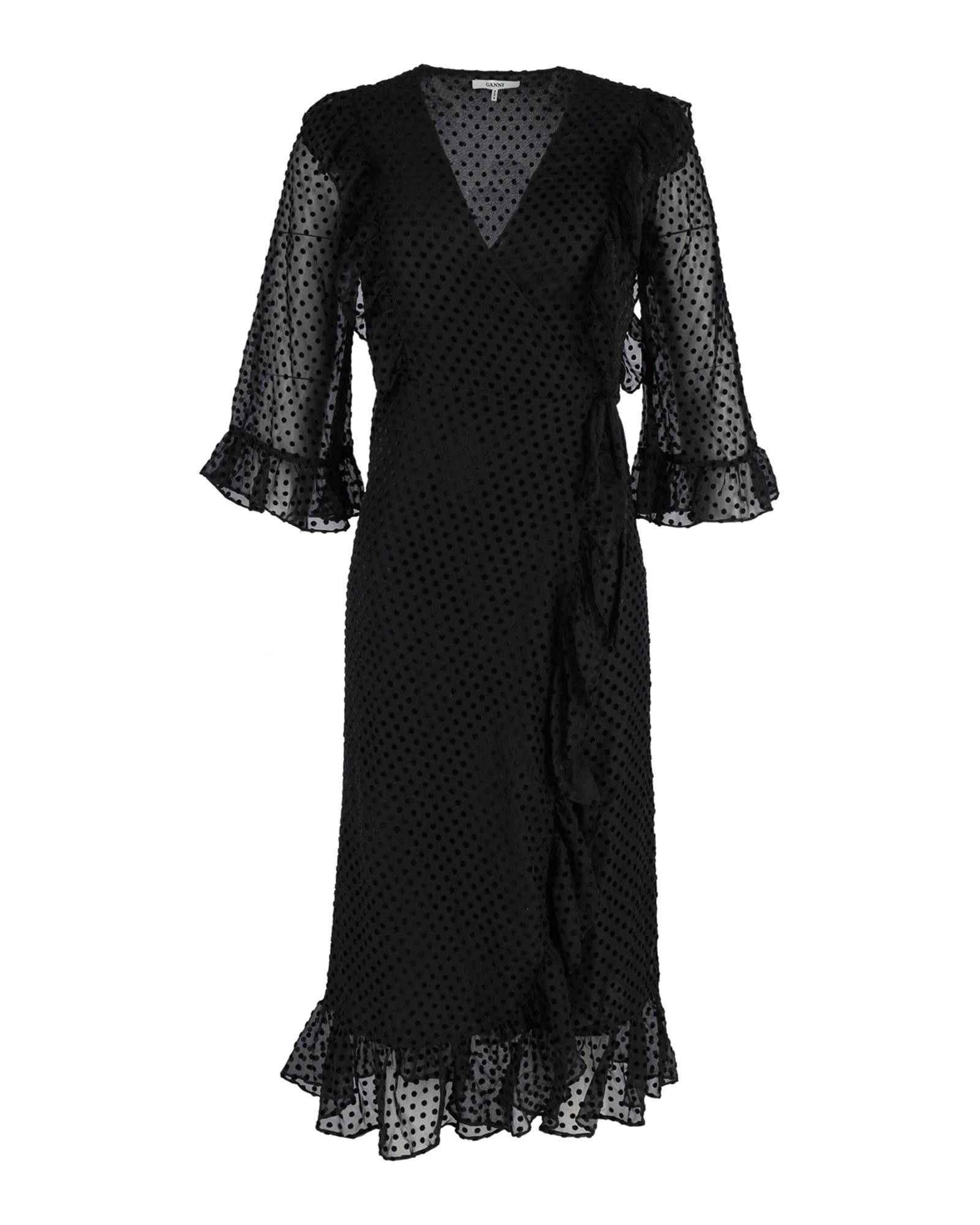 image of Ganni Polka-Dot Ruffled Wrap Dress In Black Polyamide, Women's (Size XS)