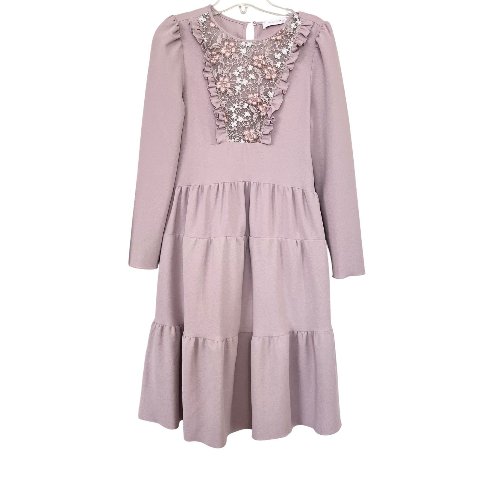 See by Chloe See by Chloe Pink Ruffled Lace Bib Tiered Midi Dress Size XS / US 0-2 / IT 36-38 - 2 Thumbnail
