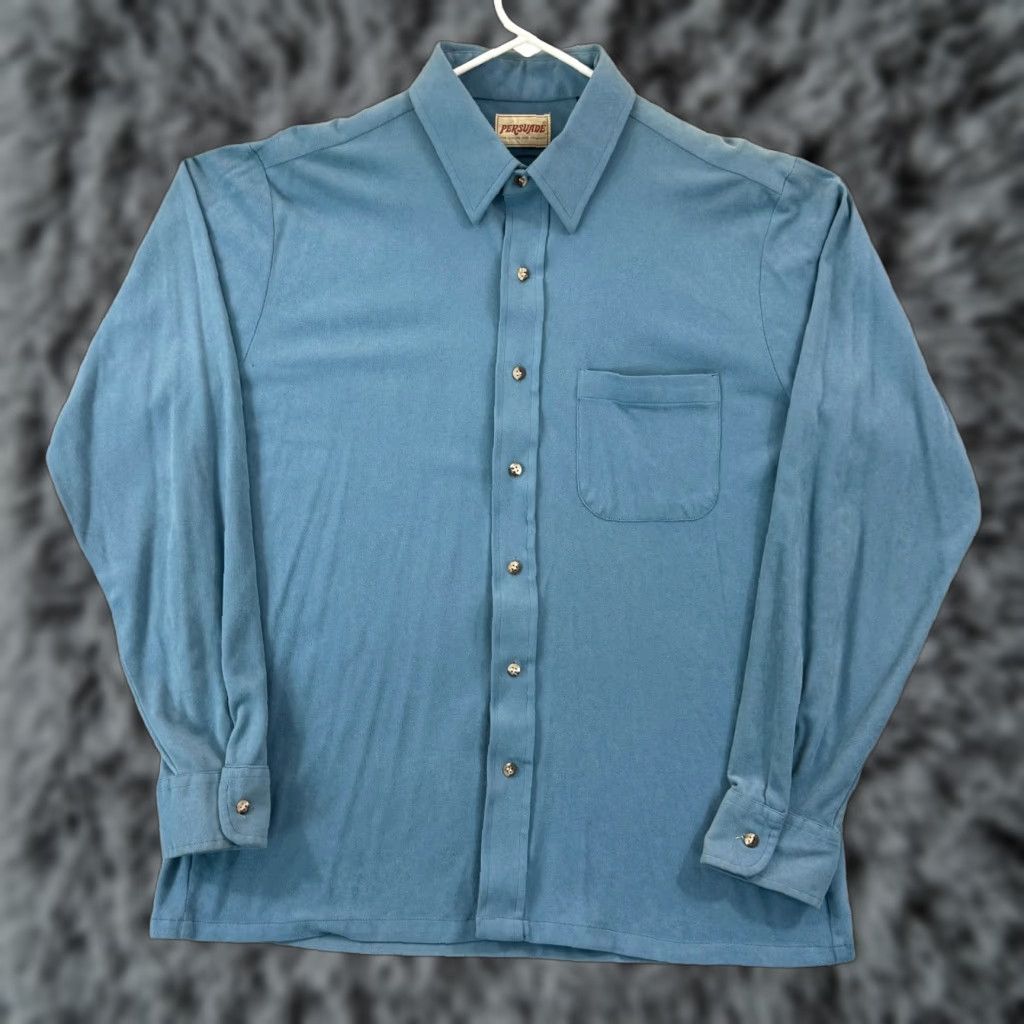 Velour Vintage Persuade Shirt Mens Large Blue Button Up 80s Long Sleeve Pocket Velour Size US L / EU 52-54 / 3 - 1 Thumbnail