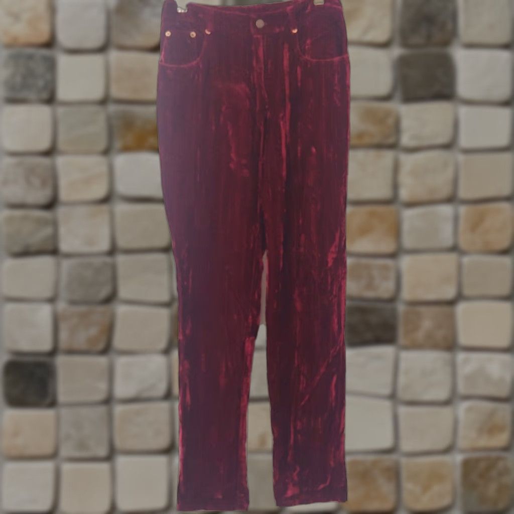 Vintage VINTAGE Moda International Women's Jeans 8 Red Crushed Velvet Straight Leg Pants Size 30" / US 8 / IT 44 - 1 Thumbnail