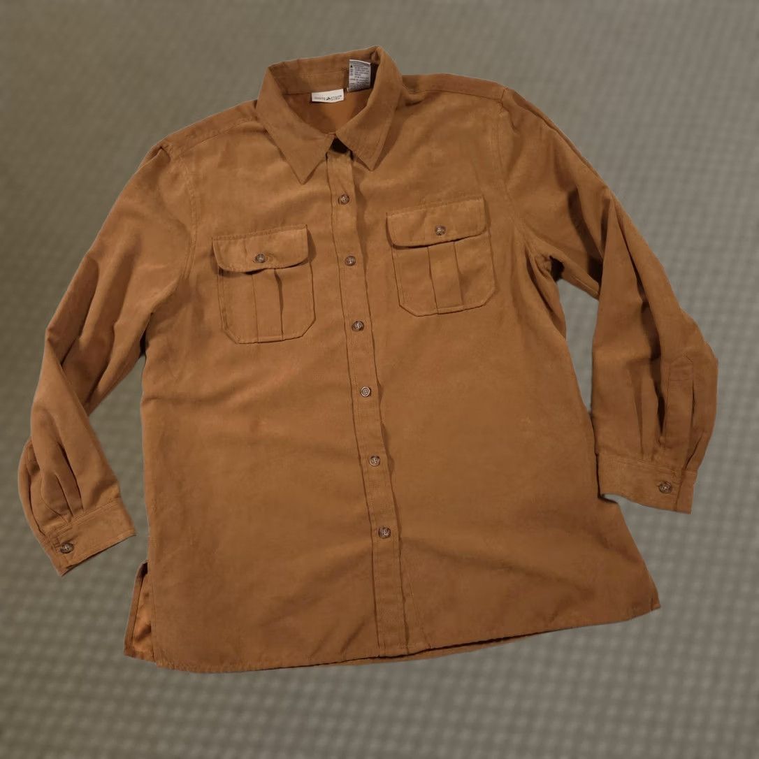 Vintage White Stag Shirt Womens Large Brown Faux Suede Button Front Long Sleeve Pockets Size L / US 10 / IT 46 - 1 Thumbnail