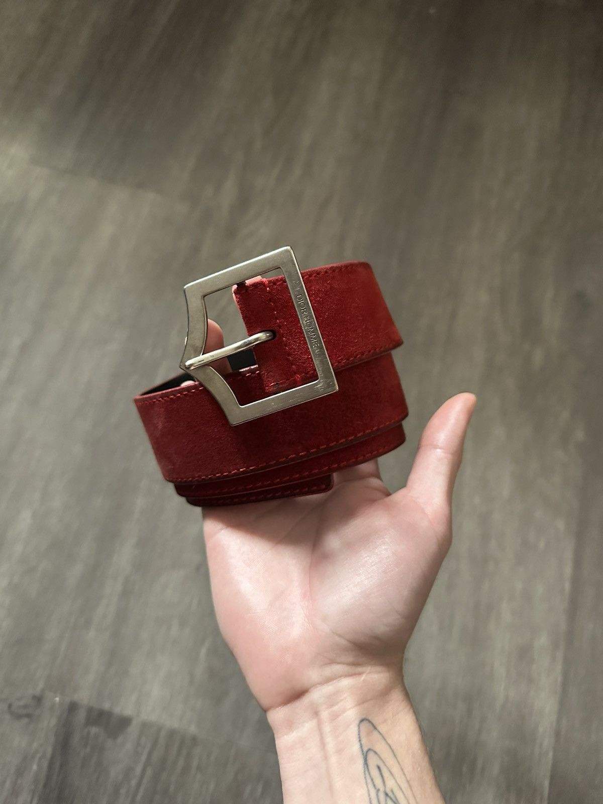 Dior SS05 Red Suede Dior D Point Belt Size 32 - 6 Thumbnail