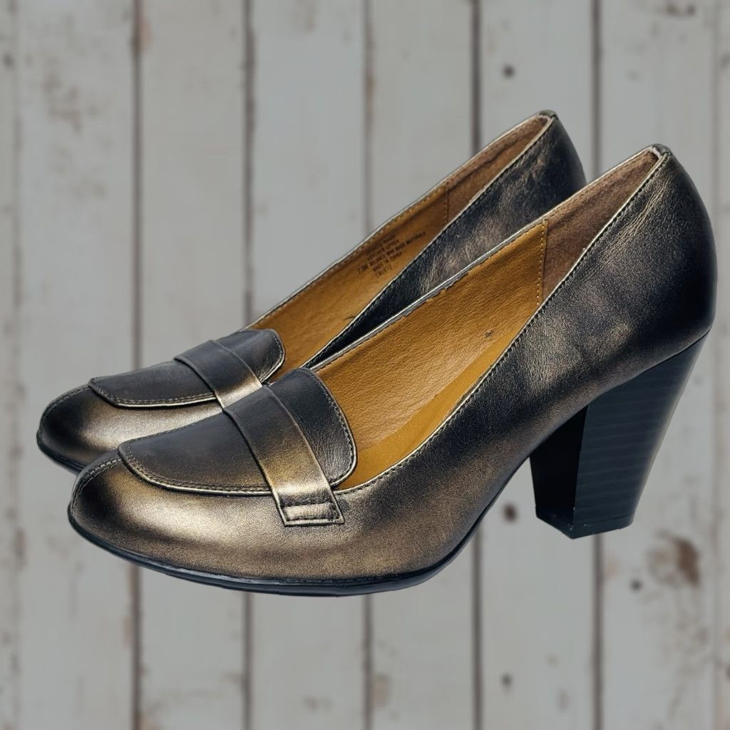 Vintage Sofft Euro Soft Randi Block Heel Slip On Penny Loafer Womens 7.5 Bronze Leather M High Heel Pump Shoes Size US 8 / IT 38 - 1 Thumbnail