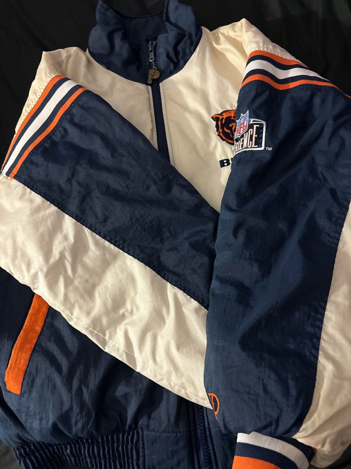 image of Nfl x Pro Player Vintage X Chicago Bear Puffer in White Blue Orange, Men's (Size XL)