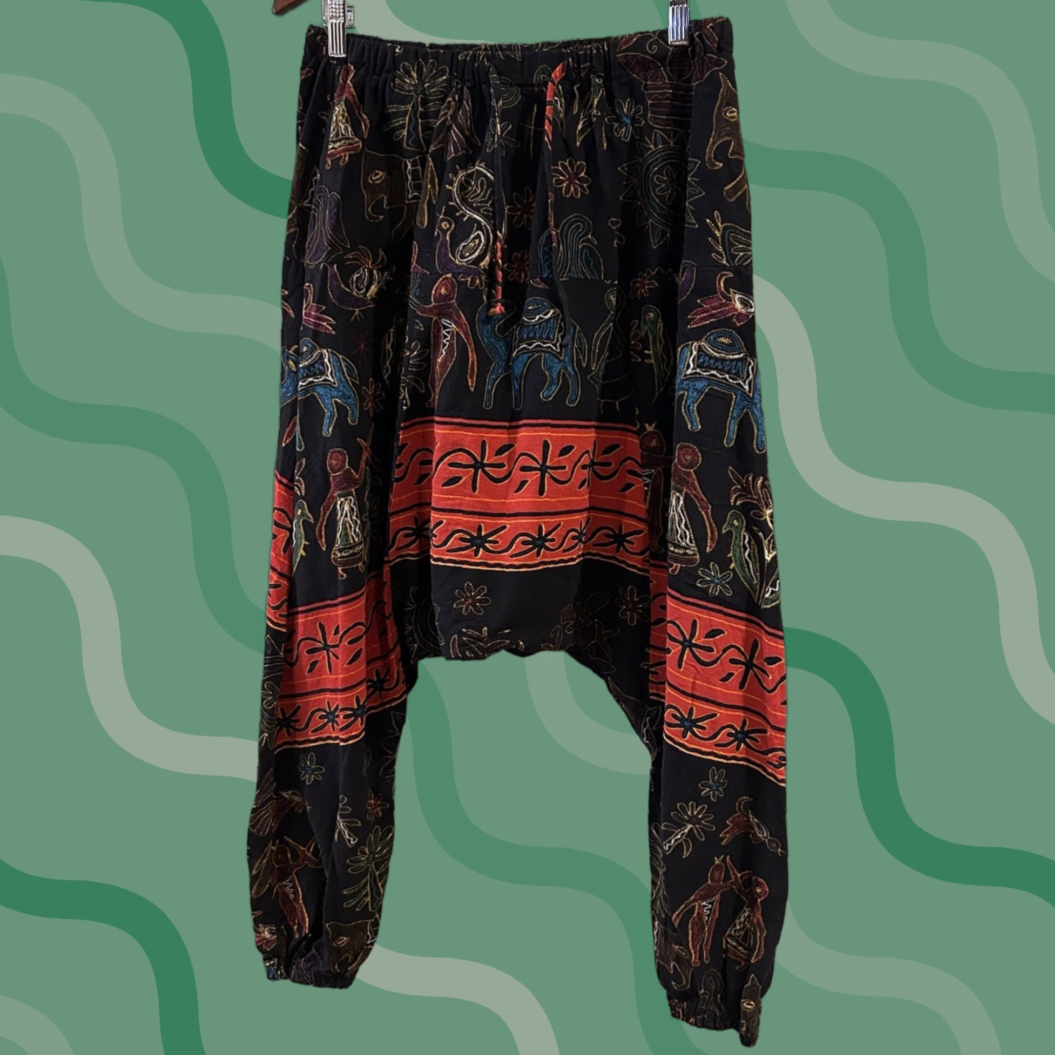 HARE AITFINEISM Men's Drawstring Aladdin Harem Pants Colorful Size L Regular Waist 29 Inseam 22 Multicolor Jogger Hip Hop Cotton Size US 33 - 1 Thumbnail