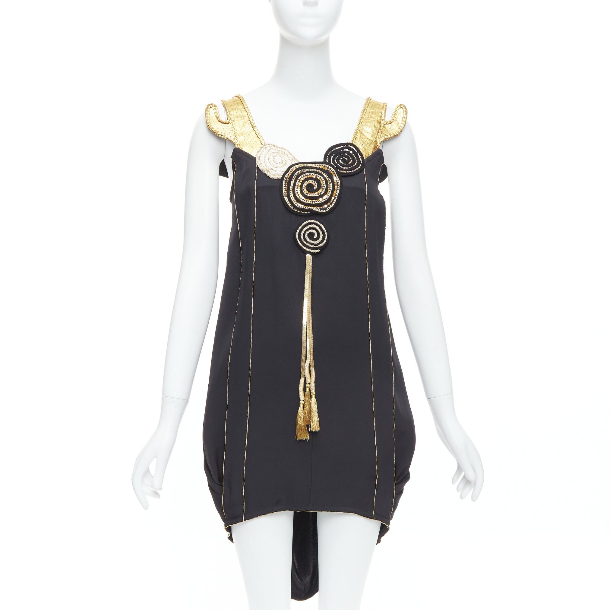 Tsumori Chisato TSUMORI CHISATO gold leather black 100% silk cactus strap dress JP2 M Size S / US 4 / IT 40 - 1 Thumbnail