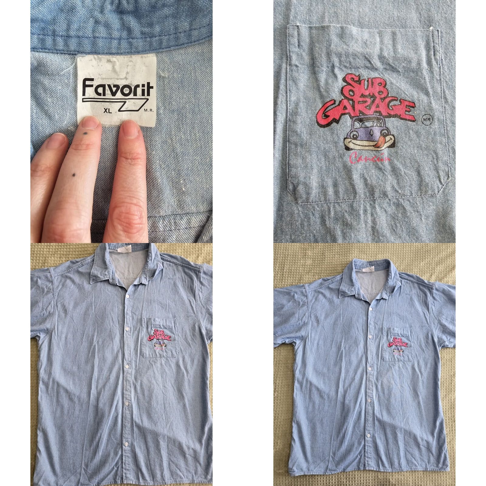 Garage Vintage 90s Favorit Sub Garage Cancun Mexico Mechanic Shirt Chambray Button-Front Short Sleeve XL Mens Blue Cotton Grunge 1990s Mexico Origin Size US XL / EU 56 / 4 - 8 Thumbnail