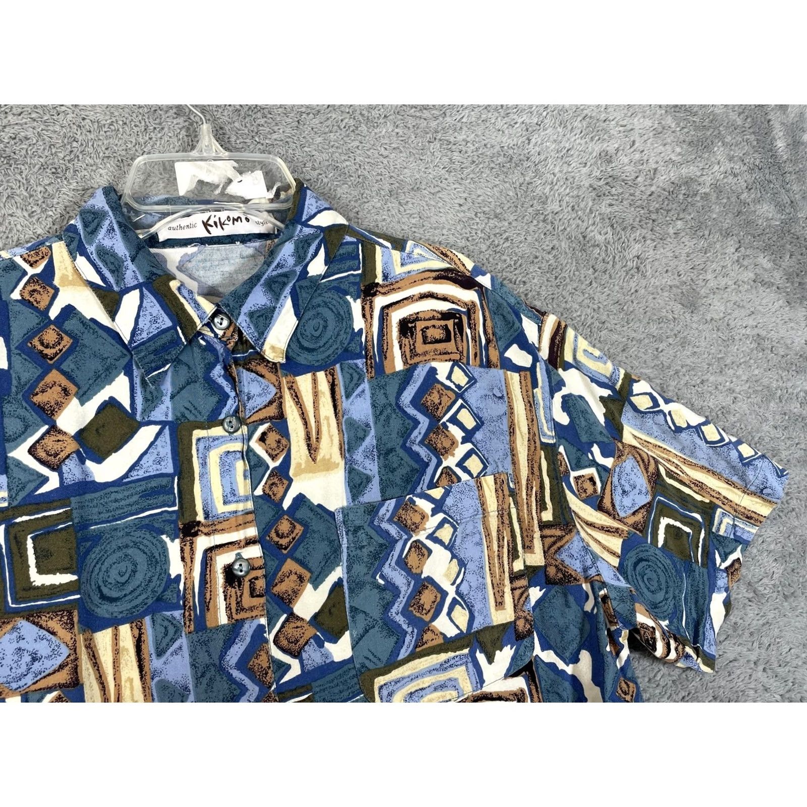 Vintage Kikomo Shirt Mens XL Blue Geometric Hawaiian Short Sleeve Button Up Casual Size US XL / EU 56 / 4 - 2 Thumbnail