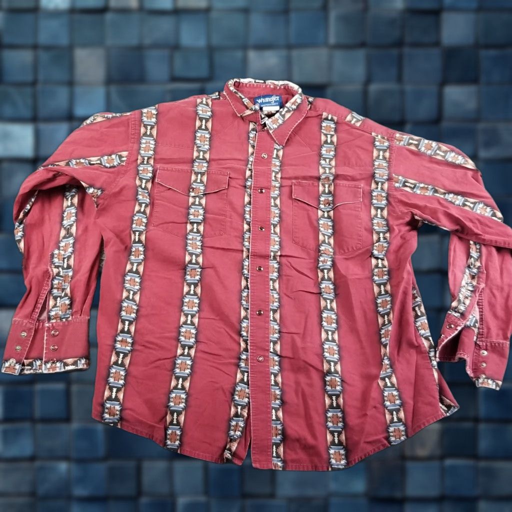 Wrangler Vintage Wrangler Western Shirt Men XL Aztec Brush Popper Pearl Snap Red Distress Geometric Pattern Canvas Cotton Heavyweight Size US XL / EU 56 / 4 - 1 Thumbnail