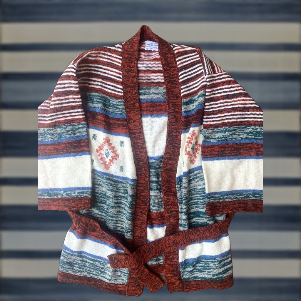 Vintage VINTAGE 70s Southwestern Aztec Cardigan Sweater Robe Belted Large Rusty Red Look Rockabilly Hard 70s Size L / US 10 / IT 46 - 1 Thumbnail