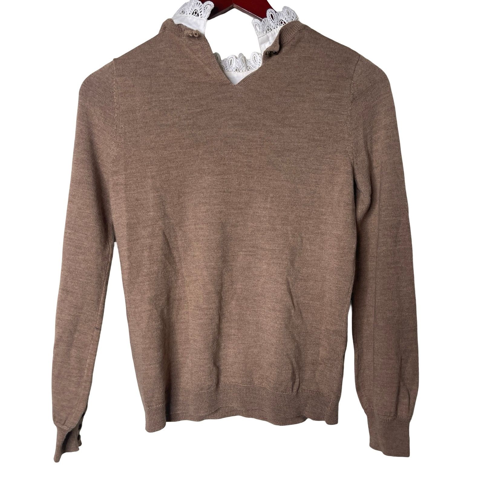 Sezane Sezane Eduardo camel merino wool jumper white lace collar XS Size XS / US 0-2 / IT 36-38 - 4 Thumbnail
