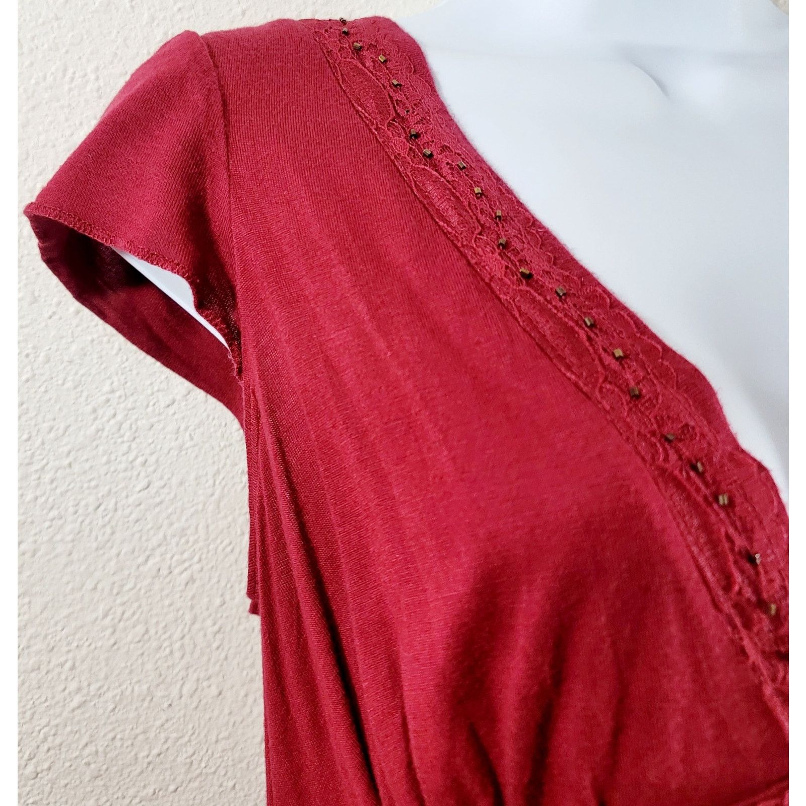 Other Miss Chievous Burgundy Bead Lace V Neck Top XL Capped Sleeve Size XL / US 12-14 / IT 48-50 - 5 Thumbnail
