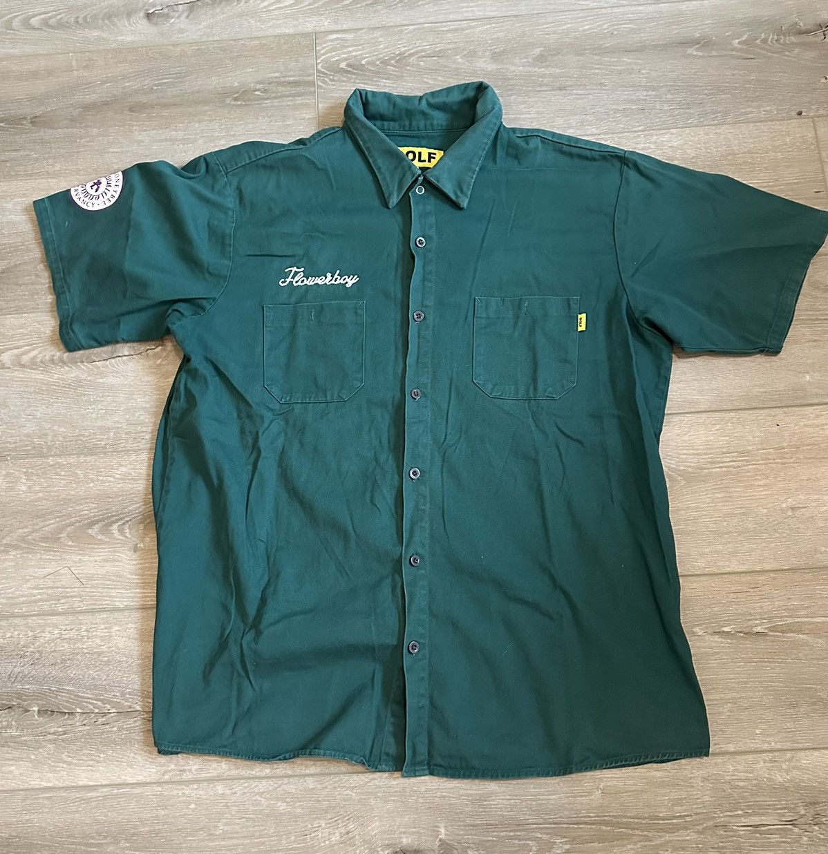 image of Golf Wang Flower Boy Save The Bees Button Up Mechanic Shirt in Green, Men's (Size 2XL)