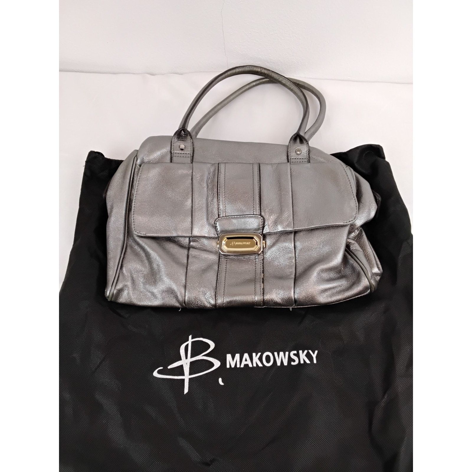 Other B Makowsky Silver Leather Handbag Top Handles Slouch Purse Size ONE SIZE - 2 Thumbnail