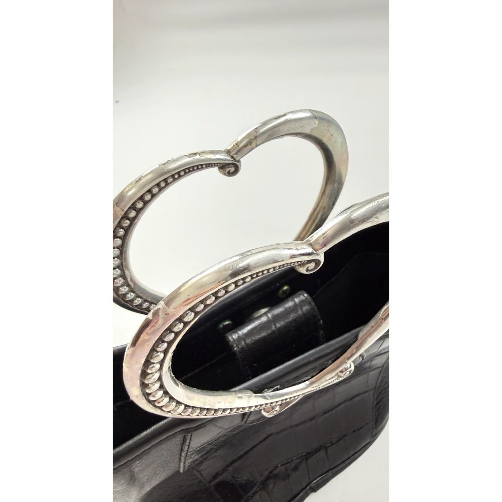 Brighton VINTAGE Brighton Satchel Top Handle Bag Womens Small Black Croc Leather Heart Handles Size S / US 4 / IT 40 - 7 Thumbnail