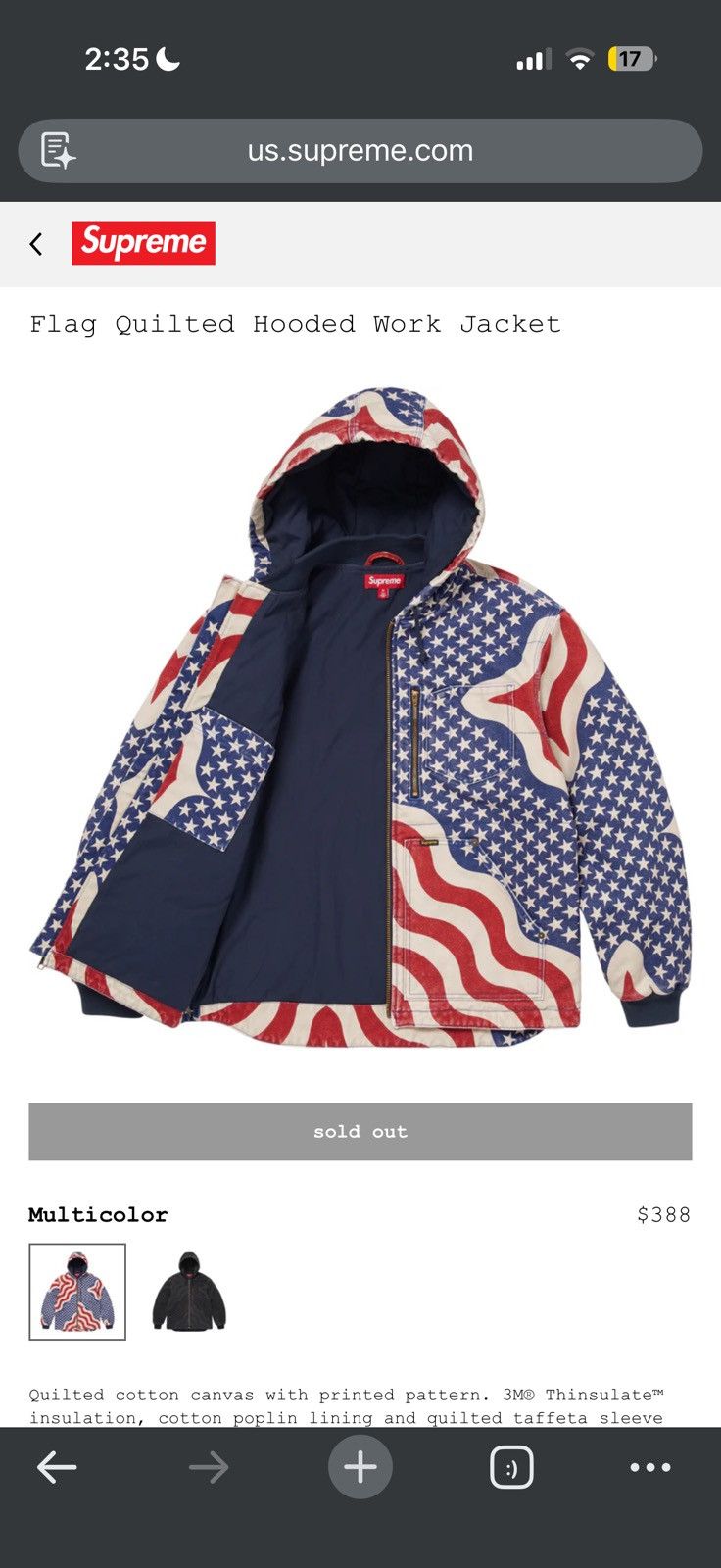 Supreme Supreme Flag Quilted Hooded Work Jacket - Large Size US L / EU 52-54 / 3 - 11 Thumbnail