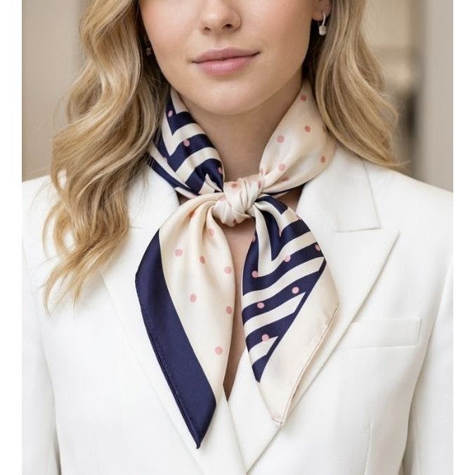 Other ⭐New Elegant Silky Satin Scarf Handkerchief blue Beige lines Size ONE SIZE - 1 Thumbnail
