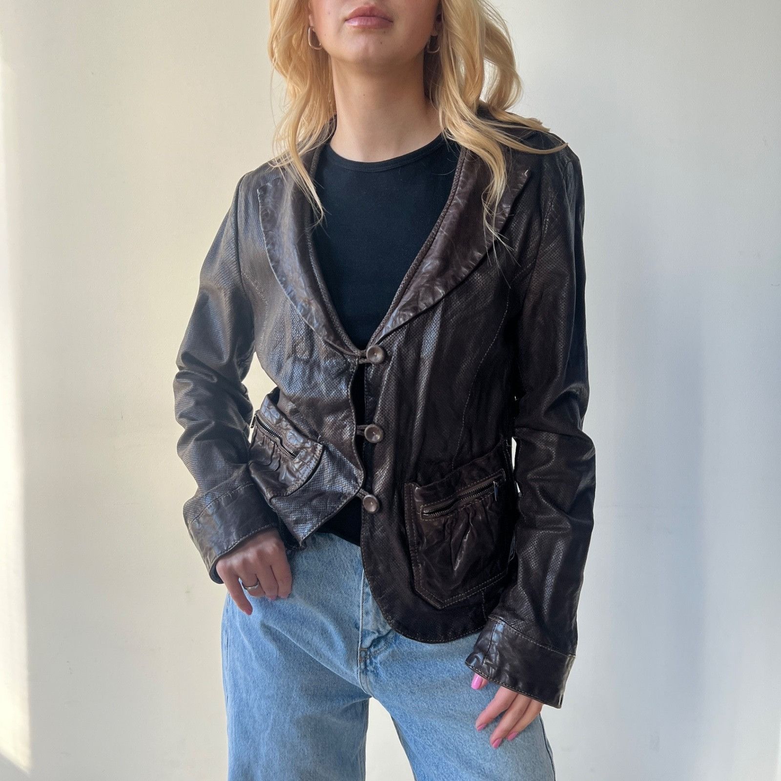 Emporio Armani Vintage Emporio Armani Perforated Leather Jacket 0009BC Size L / US 10 / IT 46 - 3 Thumbnail