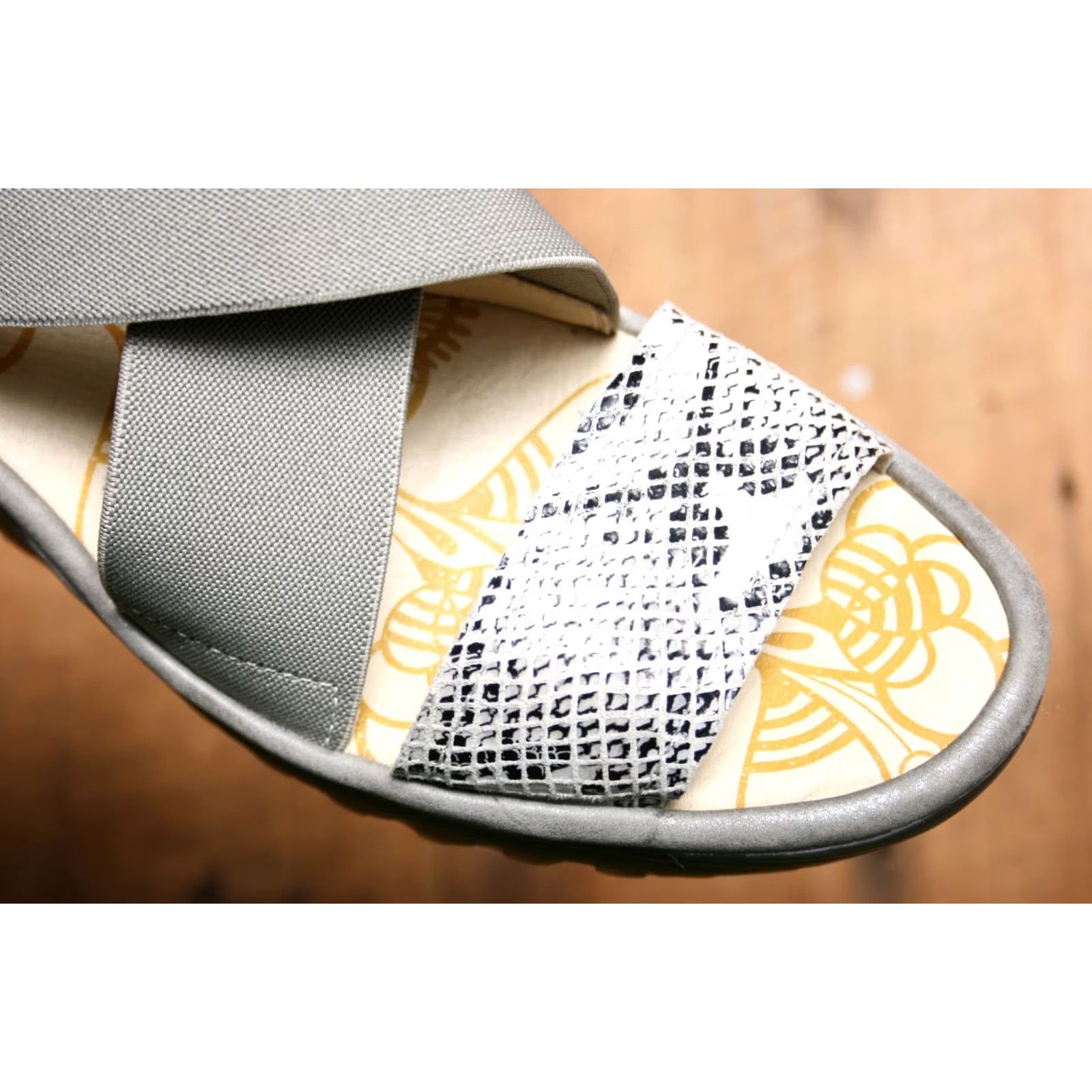 Fly London FLY London Yaji Elastic Snake Print Leather Wedge Sandals EU 39 ≈ US 8-8.5, Gray, Strappy, Mid Heel, Leather | Elastic, Sandal, Women Size US 8.5 / IT 38.5 - 6 Thumbnail