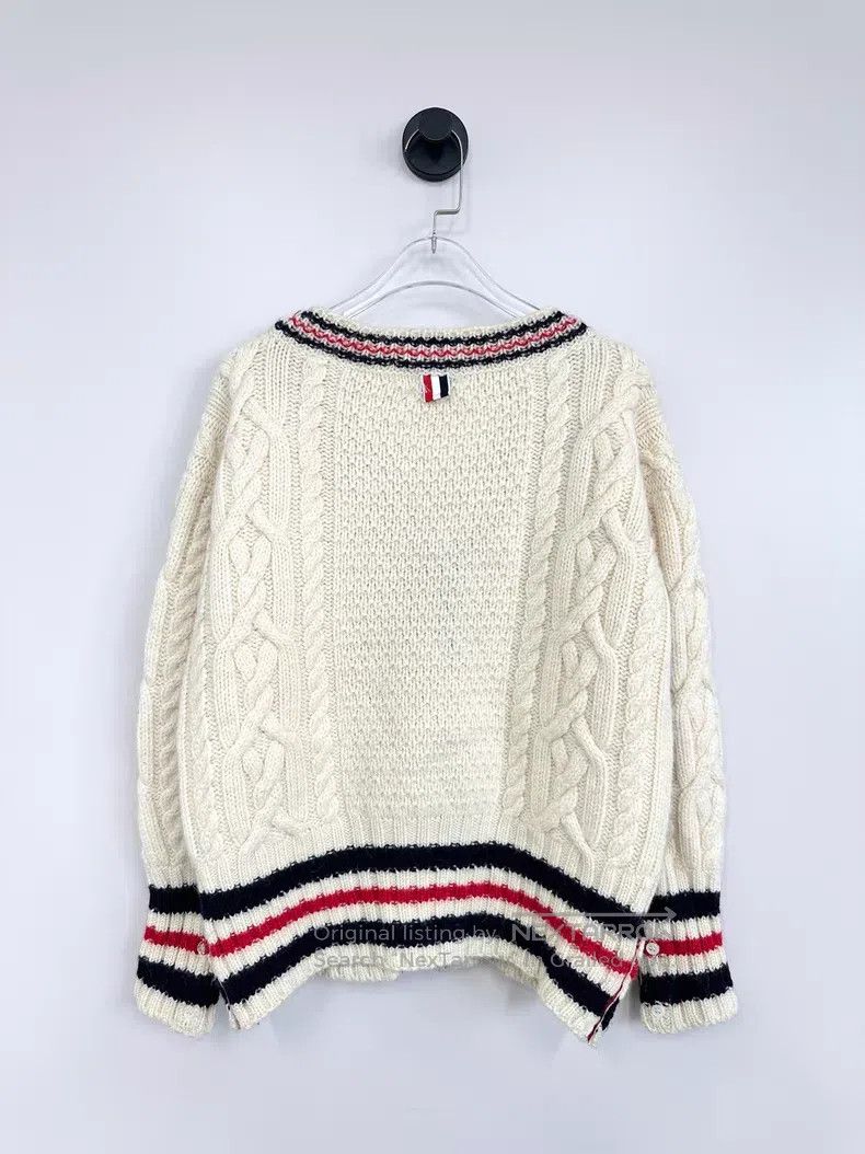 Thom Browne Thom Browne Beige striped wool knit cardigan Size US M / EU 48-50 / 2 - 2 Thumbnail