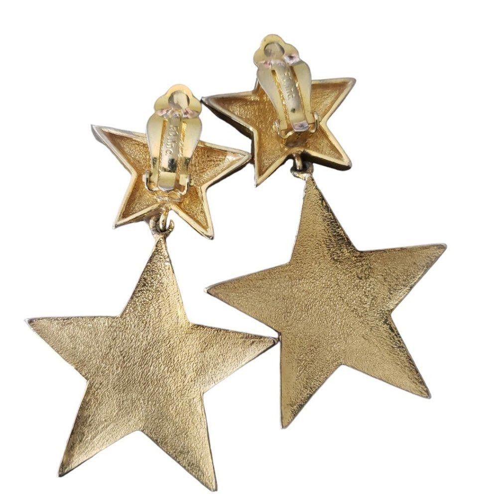 Designer Double Star Vintage Gold Tone Clip Earrings 1.5" Size ONE SIZE - 2 Thumbnail