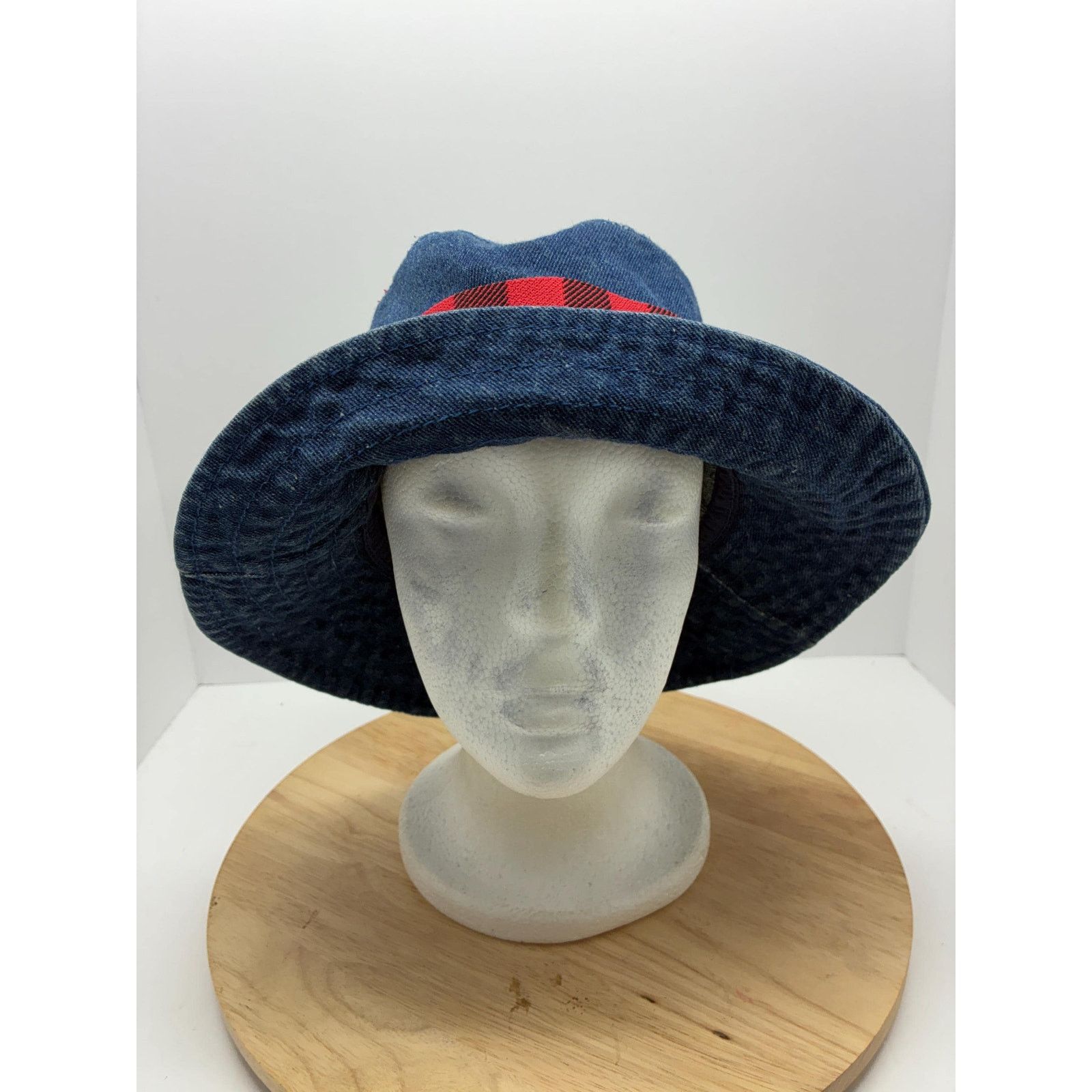 Other Vintage Denim Hat Reworked – Small 22” Red Plaid, Americana Size ONE SIZE - 1 Thumbnail