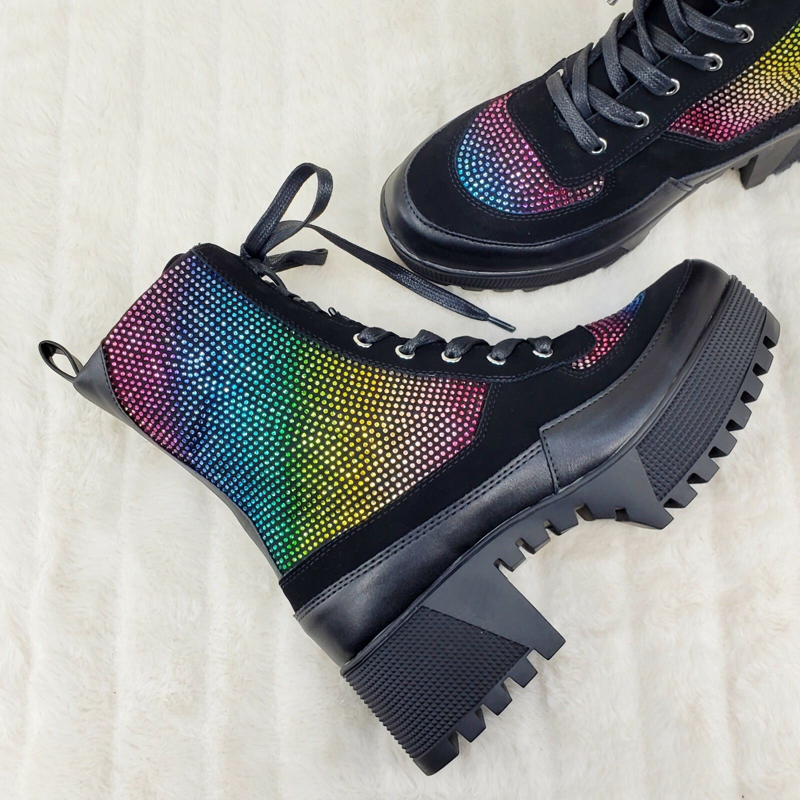 Other Diva Shine Rainbow Rhinestone Lace Up Platform Combat Ankle Size US 7 / IT 37 - 3 Thumbnail