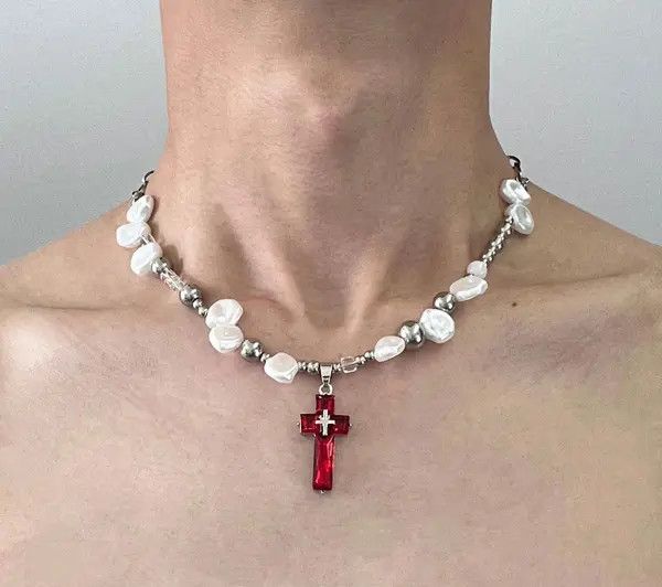 Jewelry Red Cross Pearl Necklace Size ONE SIZE - 3 Thumbnail