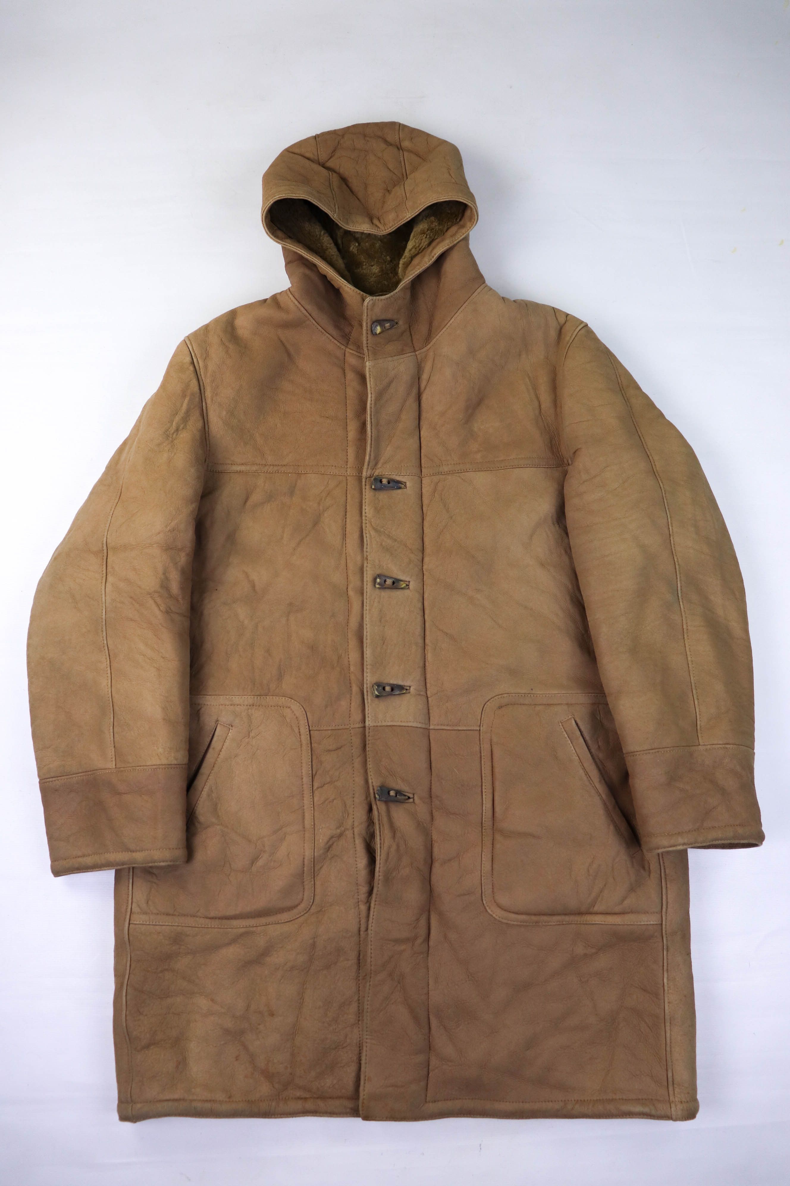Vintage Mocca Beige Nubuck Shearling Hooded Long Duffle Coat