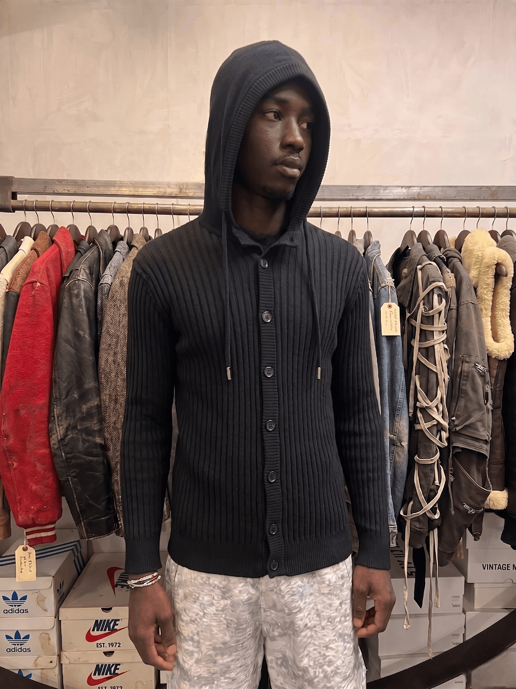 Dolce & Gabbana Dolce & Gabbana Black Ribbed Knit Hooded Cardigan Sweater Size US L / EU 52-54 / 3 - 3 Thumbnail