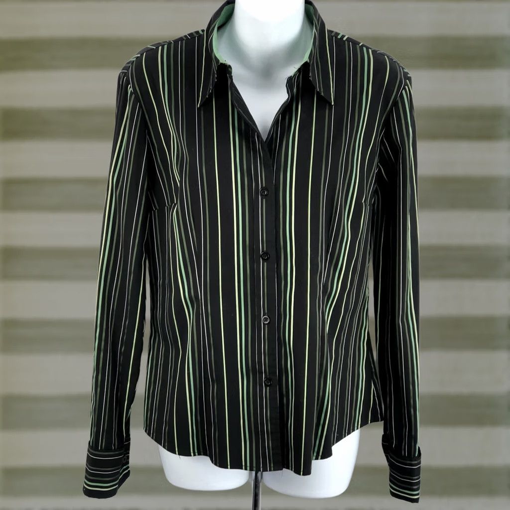 Vintage VINTAGE New York& Co Button-Up Top S Black/Green Stripe Collared Long Sleeve Size S / US 4 / IT 40 - 1 Thumbnail