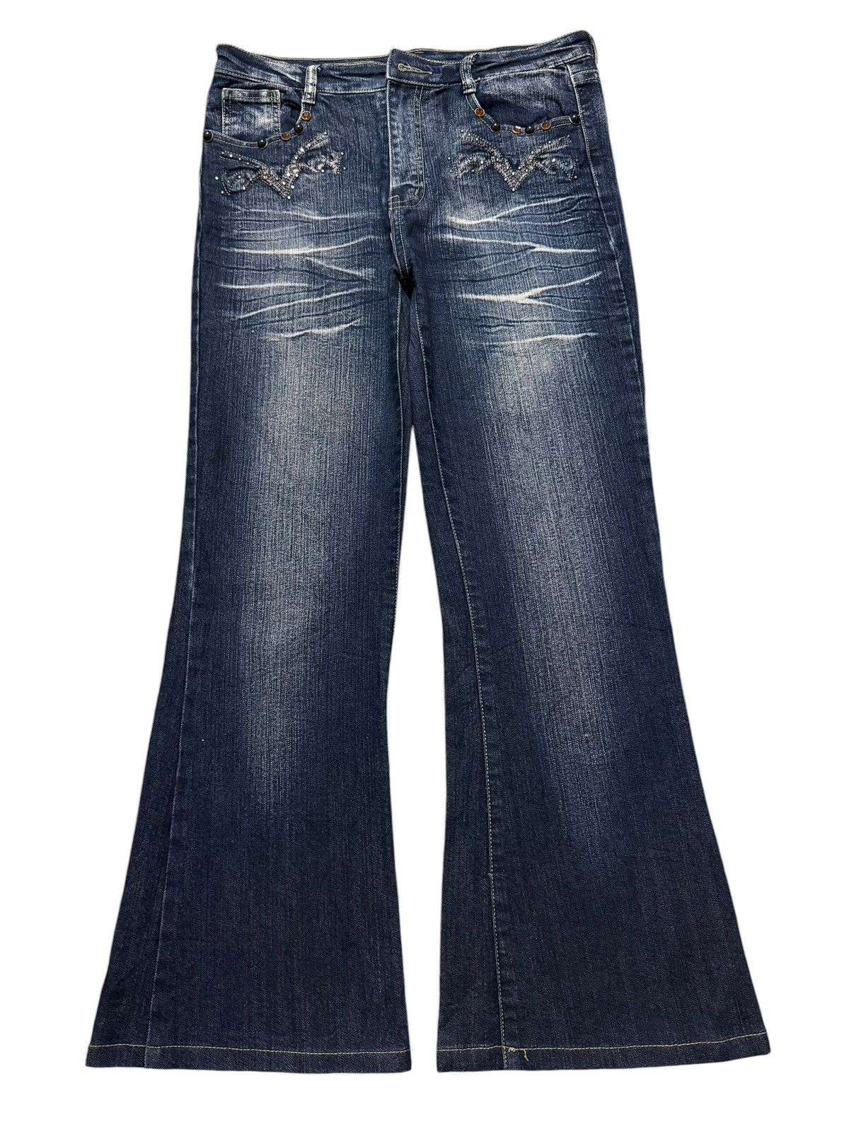 If Six Was Nine Vintage Y2K Japanese Brand Faded Wash Whisker Wide Leg Flare Size 30" / US 8 / IT 44 - 1 Thumbnail