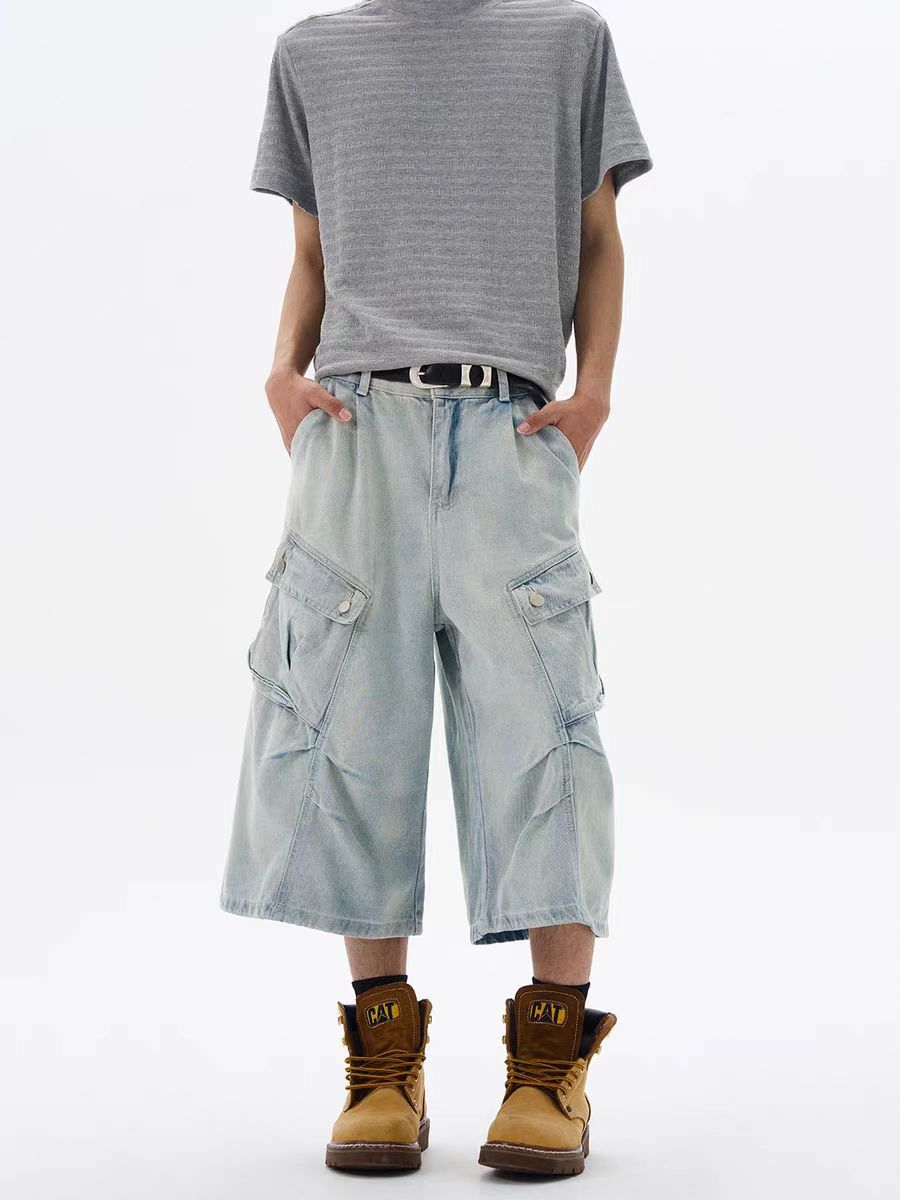 Japanese Brand Washed and distressed frayed baggy 7-minute denim shorts Size US 30 / EU 46 - 3 Thumbnail