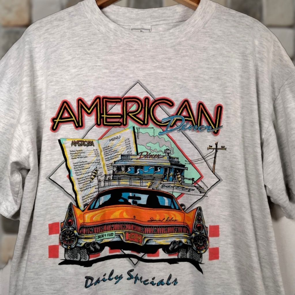 Vintage VINTAGE Creditee Men T-Shirt XL Gray American Diner Food Graphic 80s Single Stitch Cotton Size US XL / EU 56 / 4 - 1 Thumbnail