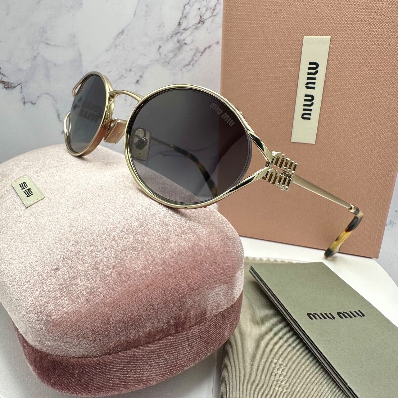 New MIU MIU Sunglasses Gold Metal Slim Frame Oval
