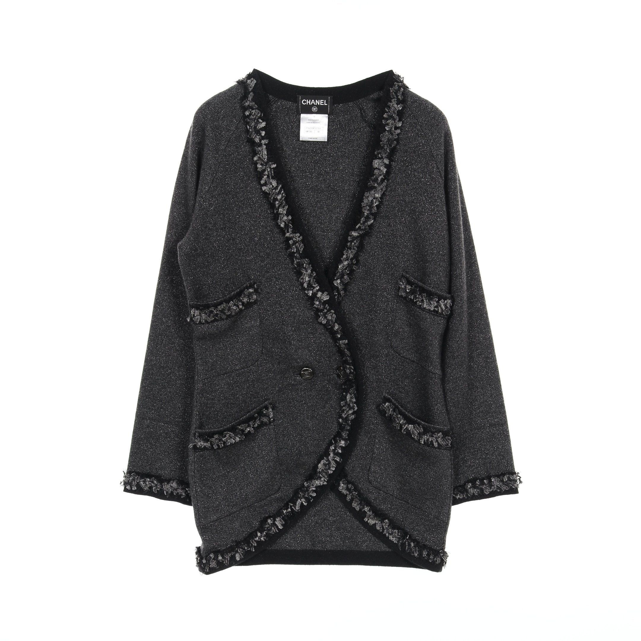 Chanel Chanel Cocomark Button Knitted Jacket Cardigan Cashmere Dark Gray Black Rame Tweed Trim Size ONE SIZE - 1 Thumbnail