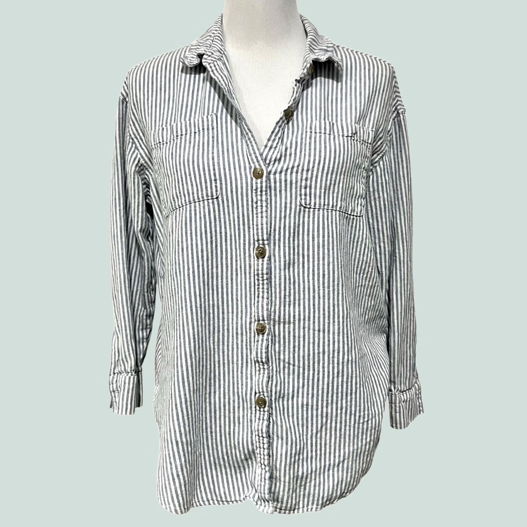 Vintage Calia Womens Linen Blend Long Sleeve Shirt Blue Pinstripe Sz M Euro Summer Shirt Button-Up Womens Size M / US 6-8 / IT 42-44 - 1 Thumbnail