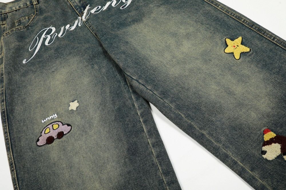 Vintage Men's hip-hop distressed funny cartoon embroidered jeans Size US 32 / EU 48 - 4 Thumbnail