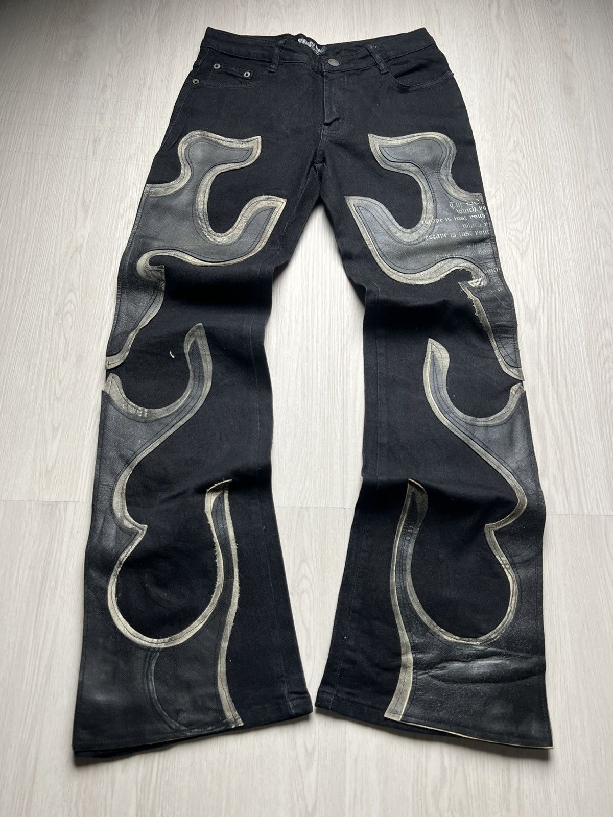 Japanese Brand H Naoto Rockers H Baby Leather Flame Tribal Flared Jeans Size US 29 - 1 Thumbnail