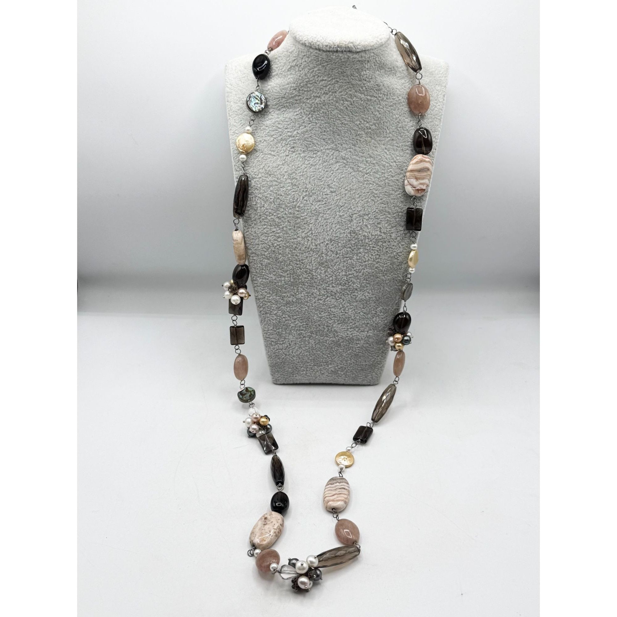 Vintage Genuine Pearl Agate Smokey Quartz Abalone Shell & MOP Long B Size ONE SIZE - 3 Thumbnail