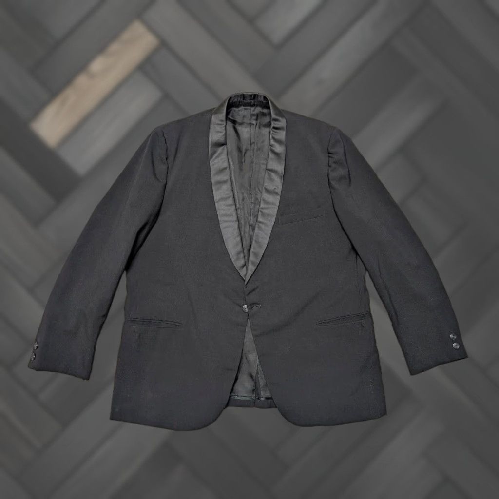 VINTAGE black wool SHAWL tuxedo blazer 44R Mens One-Button Vented 1960s Formal Craft Slim Classic fit