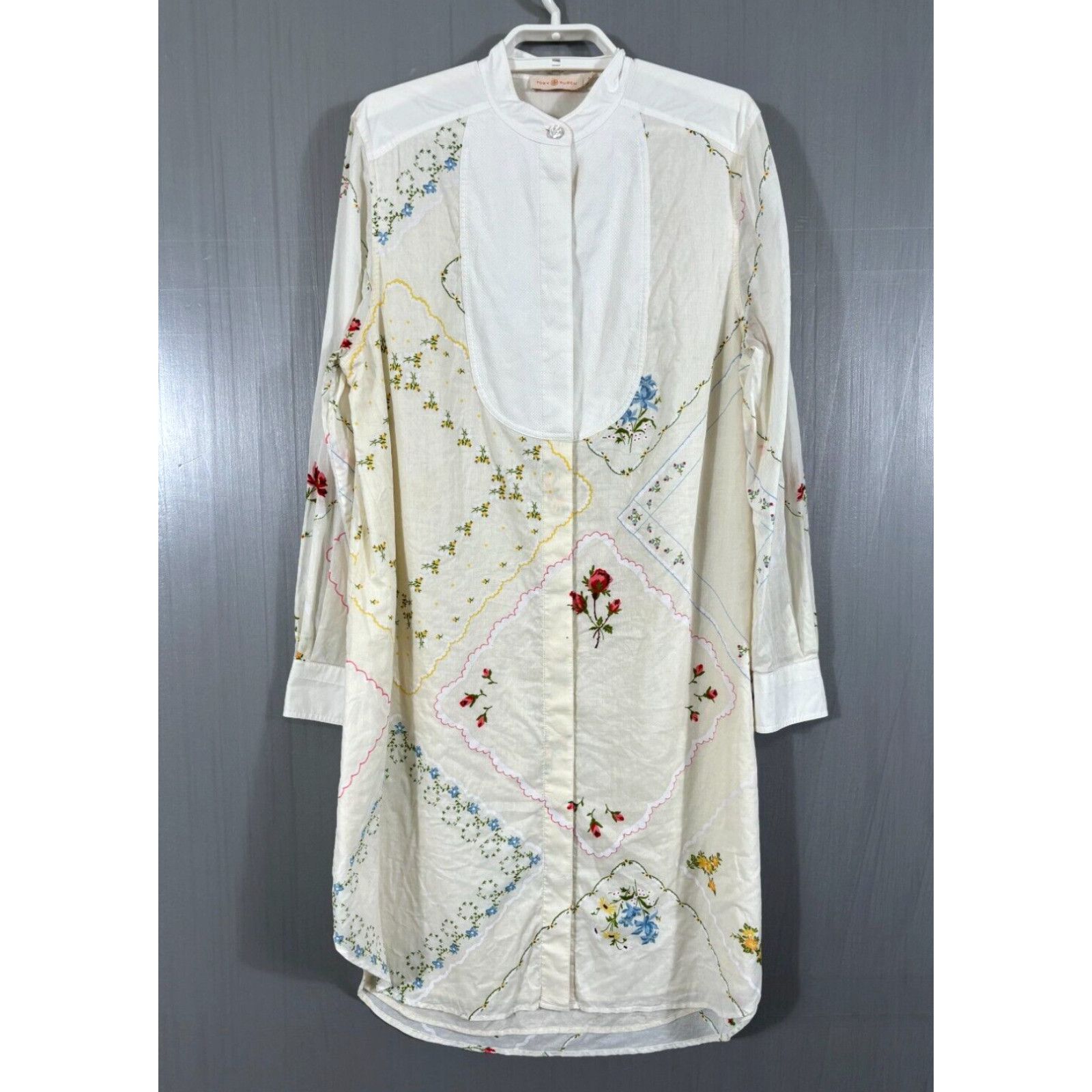 image of Tory Burch Tunic Dress Womens Size 6 Floral Long Sleeve Button Up Cotton in White