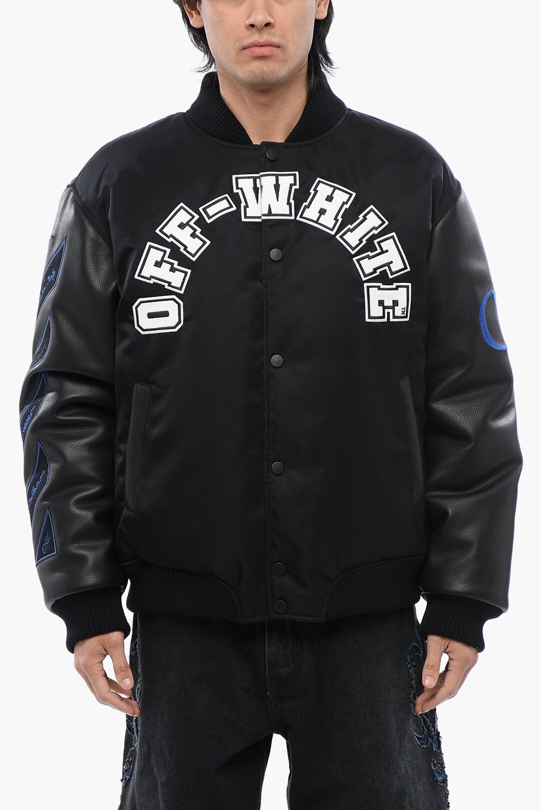 Off-White og1mm1025 Leather Sleeved Bomber Jacket in Black Size US M / EU 48-50 / 2 - 2 Thumbnail