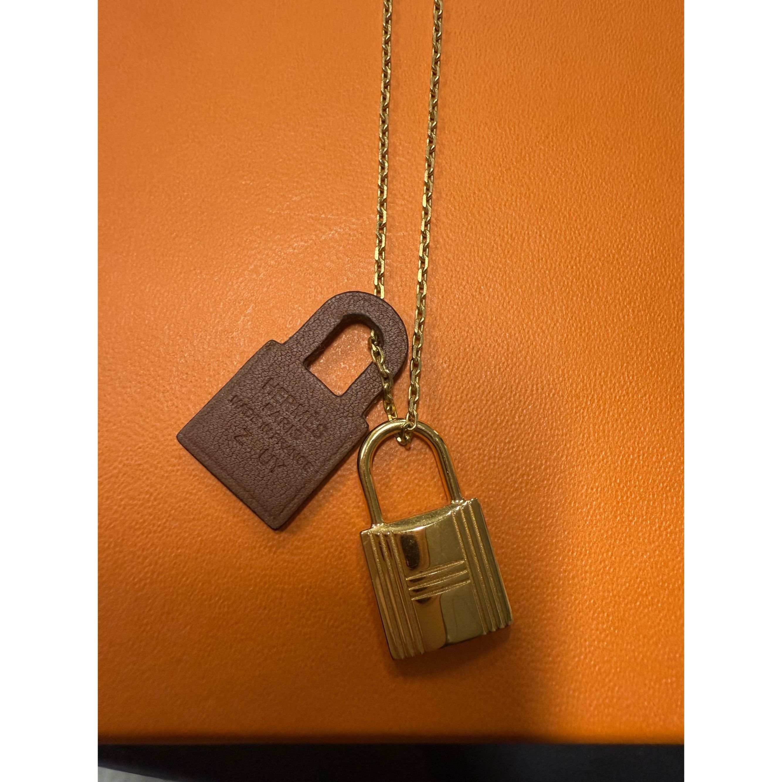 Hermès Lock Pendant Necklace In Gold Brown Leather